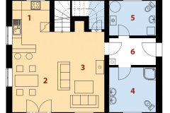 Prízemie: 1 - kuchyňa, 2 - jedáleňm 3 - obývacia izba, 4 - tech. miestnosť, 5 - zádverie, 6 - kúpeľňa
