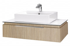 Skrinka pod umývadlo z radu Tower (Drevojas) v dekore palu bového dreva s doskou pod umývadlo z mliečneho skla, 97 x 52 x 25,2 cm, www.dreja.sk