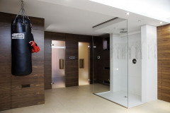 Wellness v suteréne v elegantnom dizajne v prírodnom štýle. Je vybavené veľkým sprchovým kútom typu "walk in", hrejivú atmosféru aj tu vytvárajú drevené obklady s orechovou dyhou