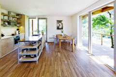 Terasa je bezbariérovo prepojená so všetkými obytnými miestnosťami prízemia. Bezrámové zasklené okná zaisťujú maximálny výhľad von. V presklenej južnej fasáde je len niekoľko stĺpikov, slúžiacich na osadenie sklených dverí. Architekt ich premyslene navrhol tak, že plne otvorené dvere opticky splynú so susedným preskleným poľom a nie sú vidieť